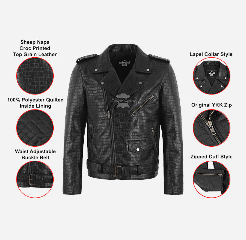 THROTTLE Men's Croc Print Leather Biker Jacket
