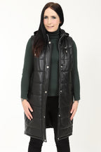 Women's Long Leather Quilted Gilet with Detachable Hood - VALERIE