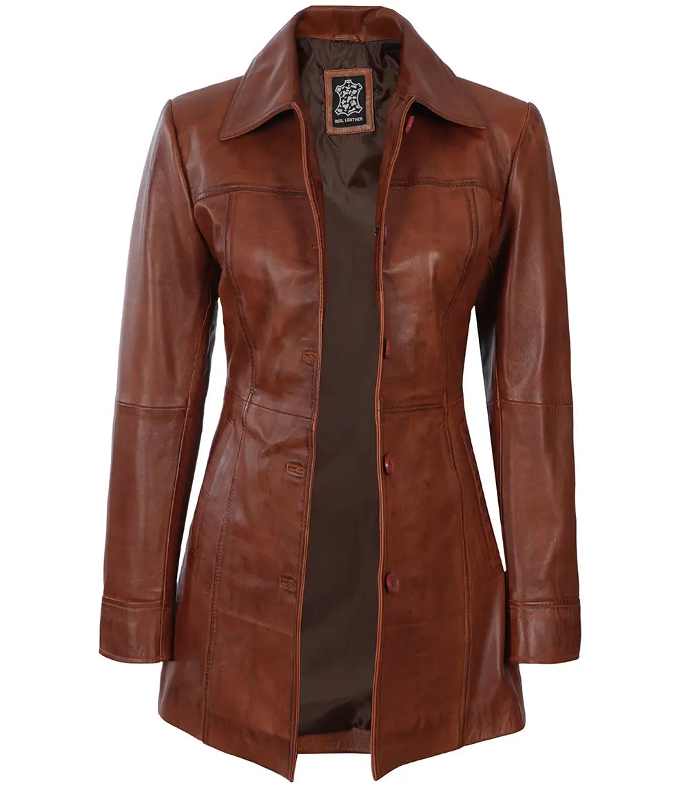 Tall Kandis Women's Cognac Brown Leather Car Coat