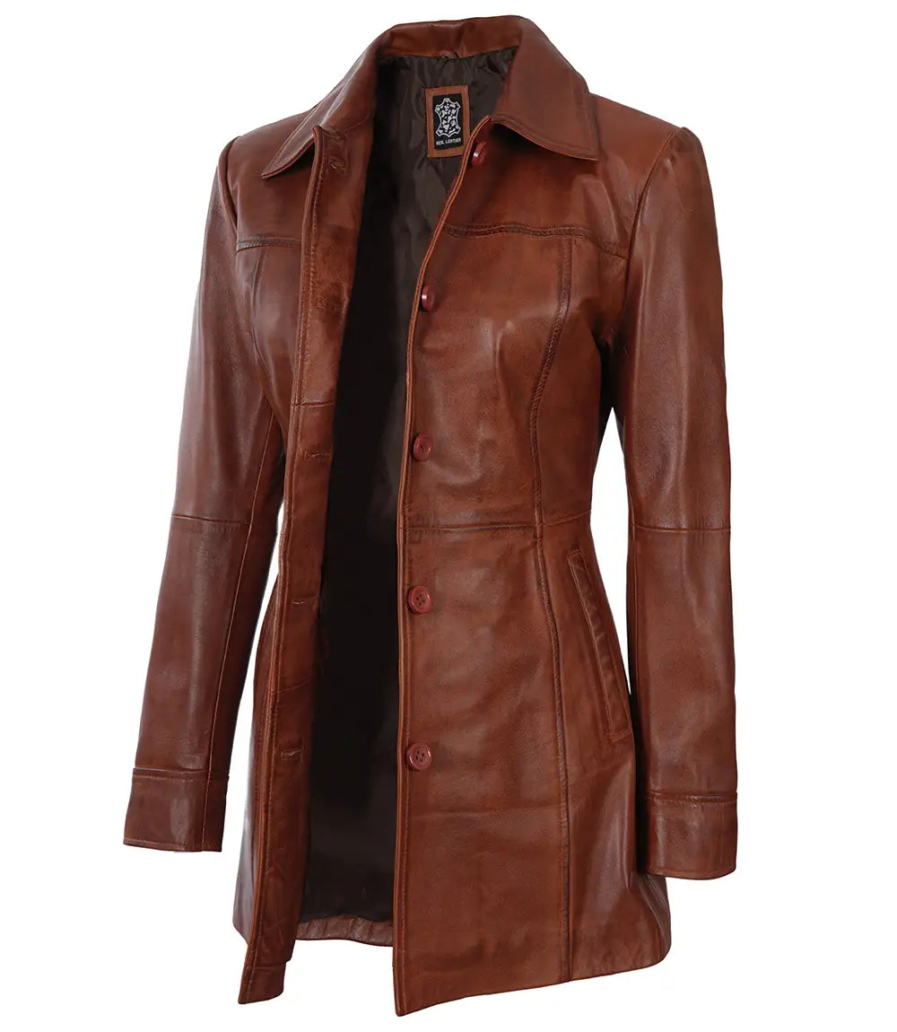 Tall Kandis Women's Cognac Brown Leather Car Coat