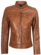 Austin Womens Tan Brown Biker Style Leather Jacket