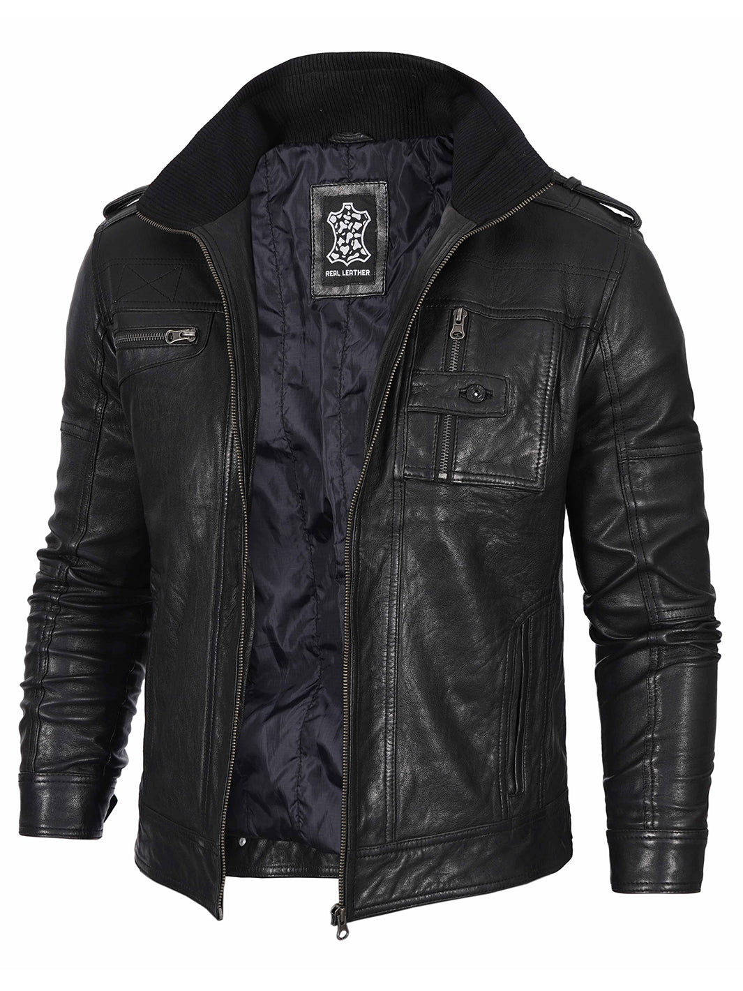 Mens Black Waxed Cafe Racer Style Leather Jacket
