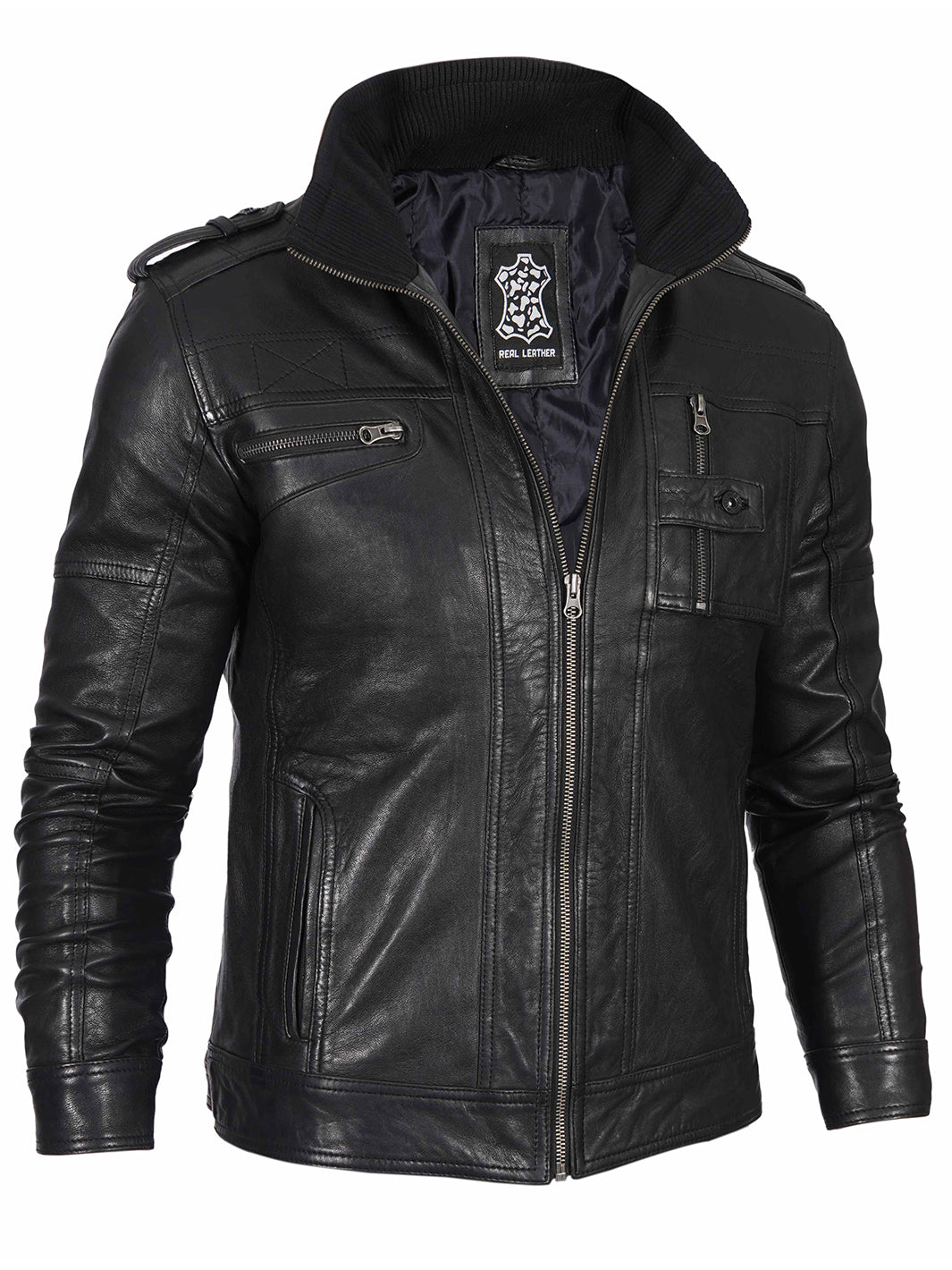 Mens Black Waxed Cafe Racer Style Leather Jacket