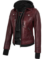 Tralee Women's Maroon Bomber Leather Jacket with Hood