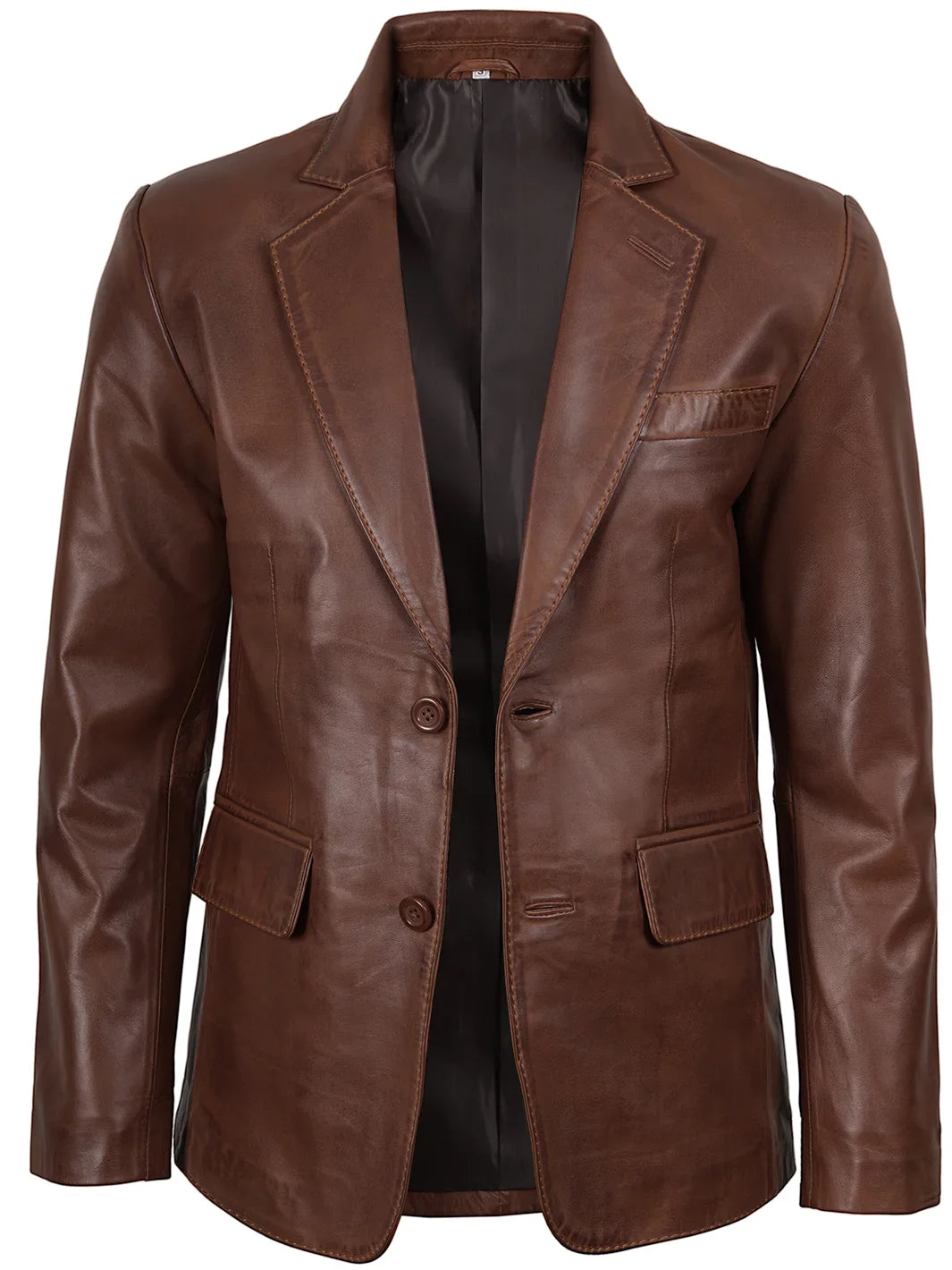 Mens Two Button Cognac Wax Leather Blazer