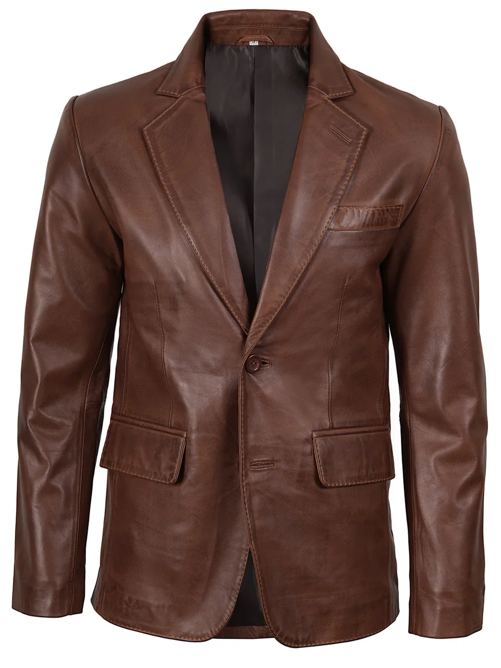 Mens Two Button Cognac Wax Leather Blazer