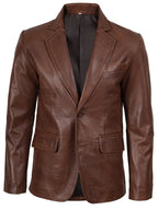 Mens Two Button Cognac Wax Leather Blazer