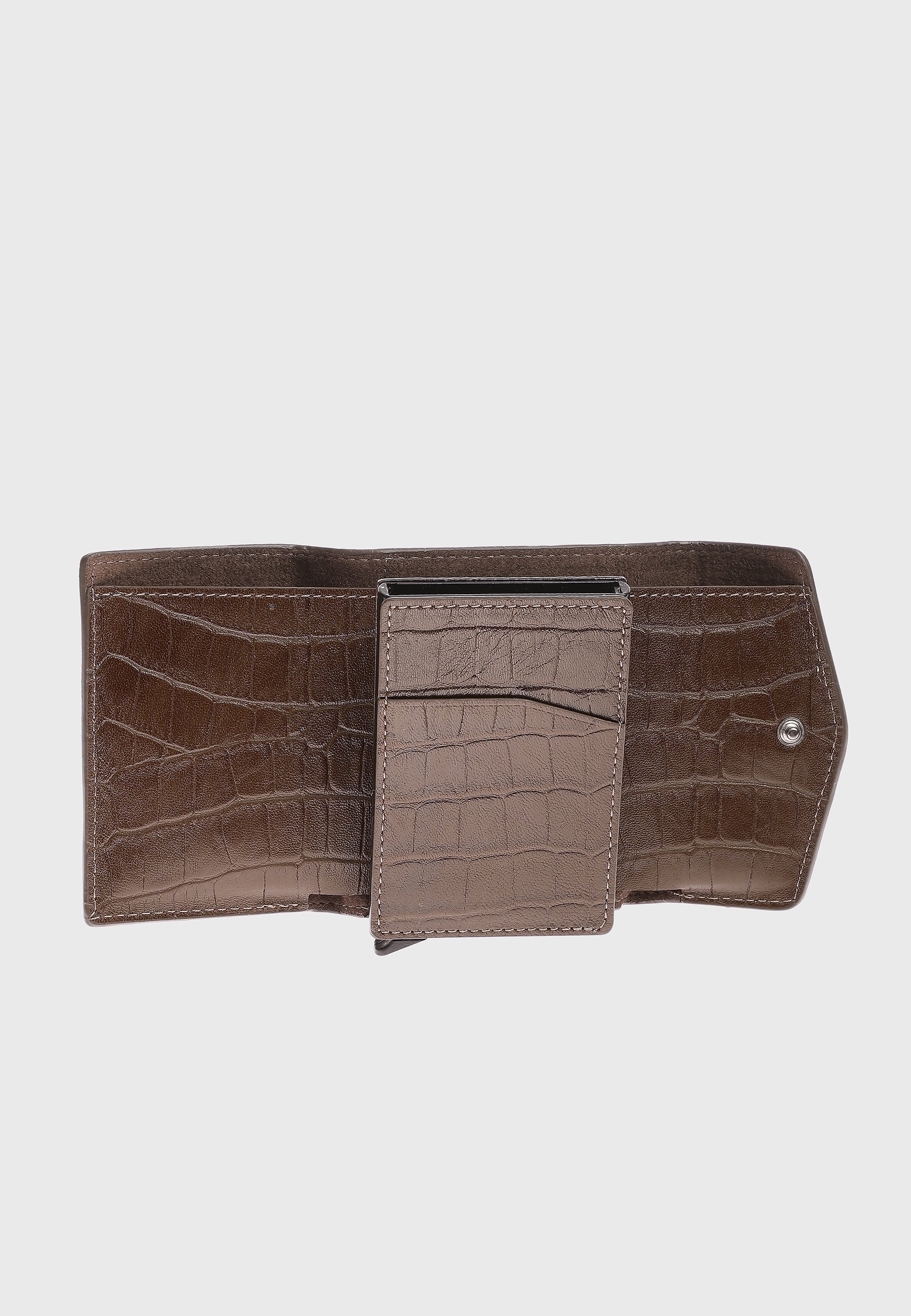 Genuine Leather Crocodile Pattern Brown Snap Closure Wallet \u0026 Card Holder