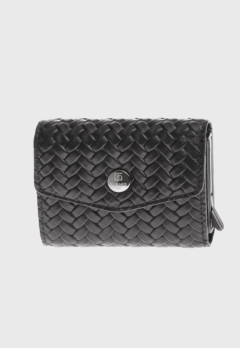 Genuine Leather Weave Pattern Black Snap Closure Wallet \u0026 Card Holder