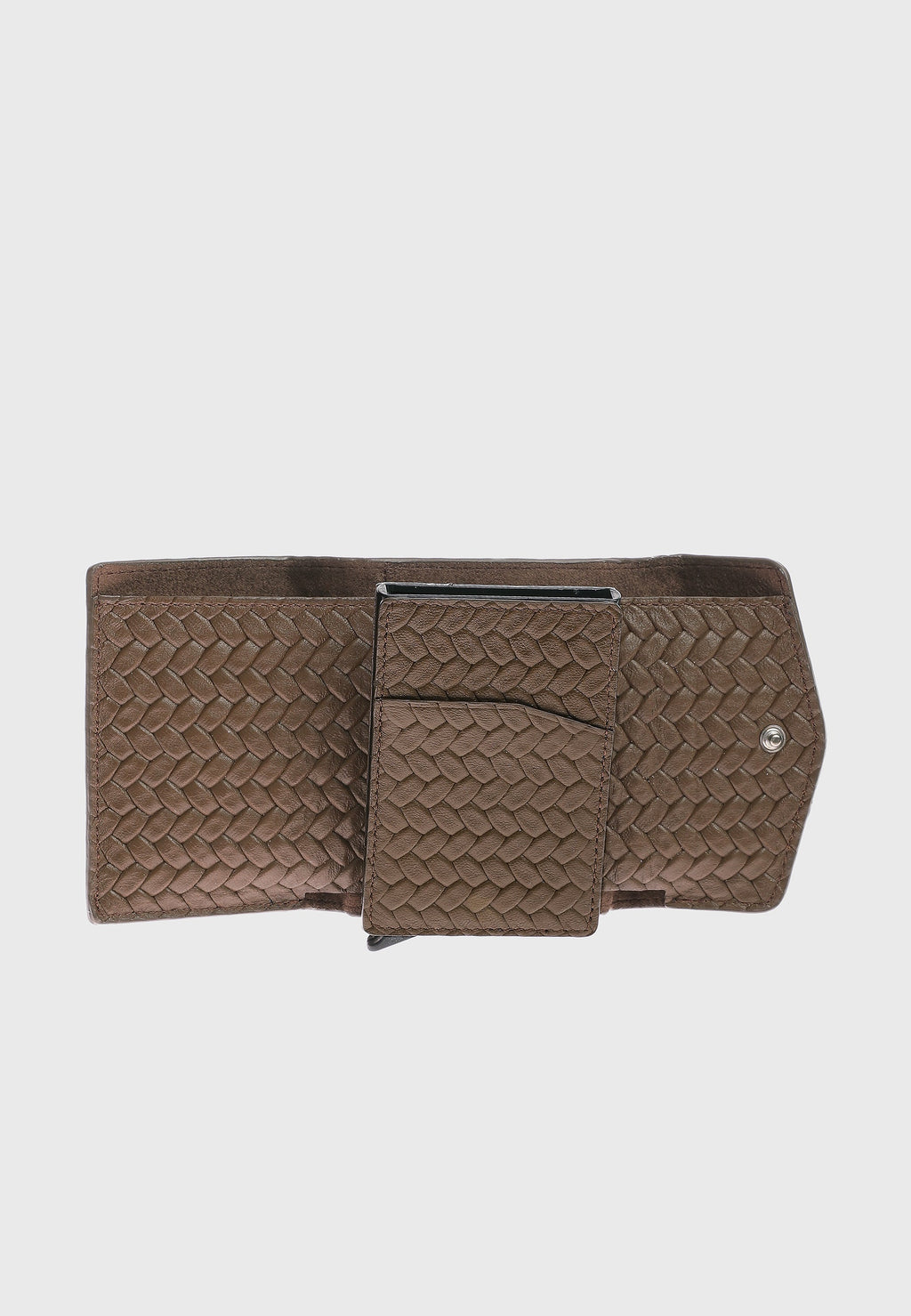 Genuine Leather Weave Pattern Brown Snap Closure Wallet \u0026 Card Holder