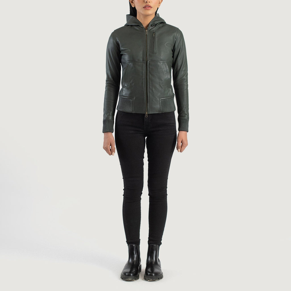 Luna Green Hooded Leather Bomber Jacket
