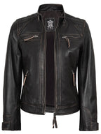 Diamond Women Rub Off Brown Leather Jacket