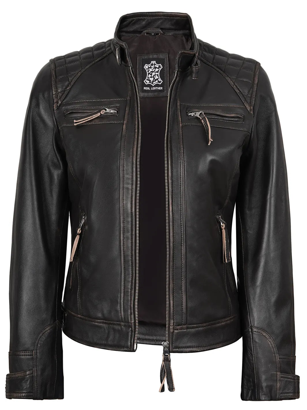 Diamond Women Rub Off Brown Leather Jacket