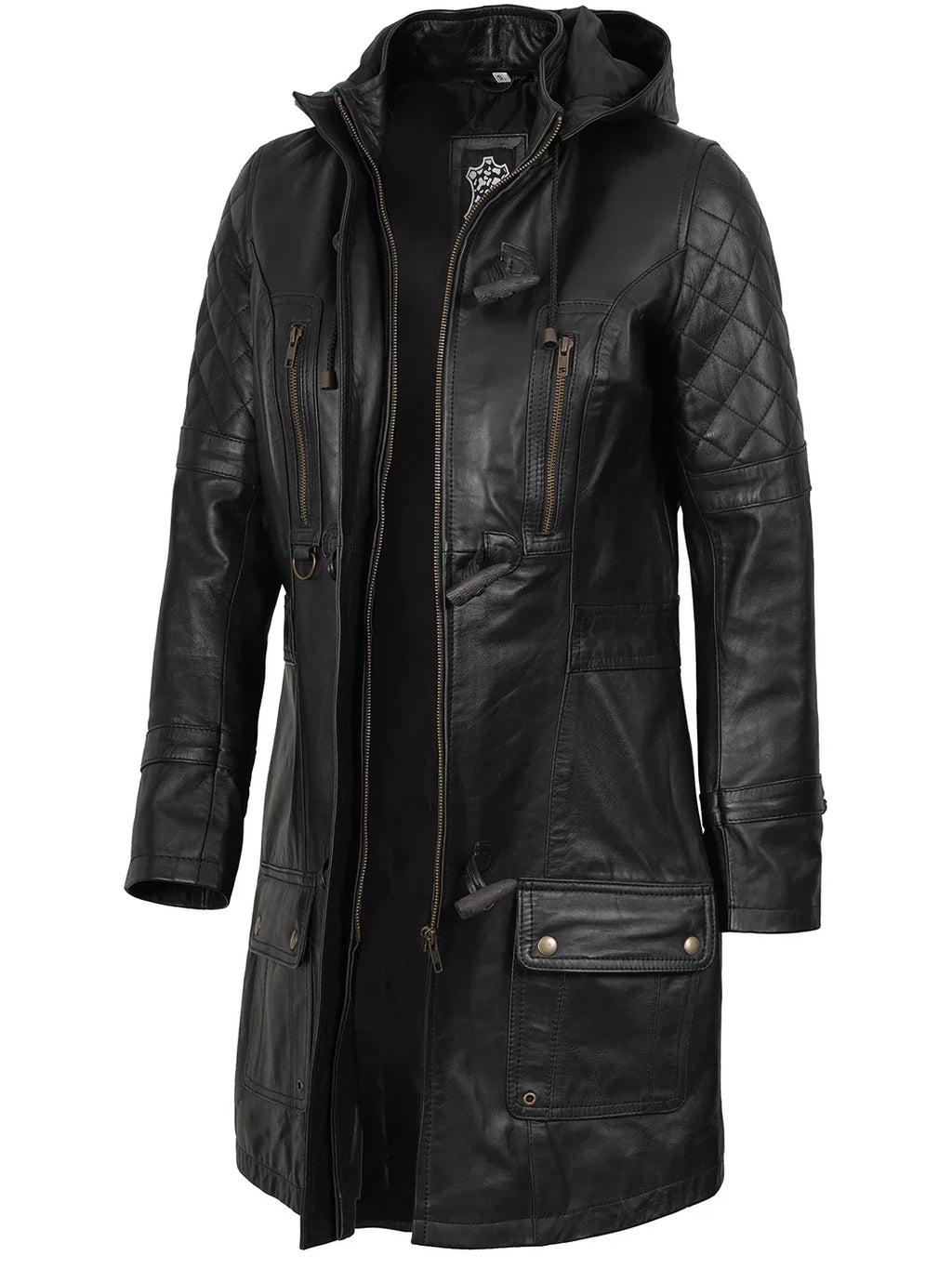 Women’s Black 3/4 Length Leather Coat With Removable Hood