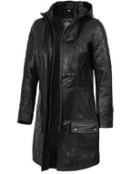 Women’s Black 3/4 Length Leather Coat With Removable Hood