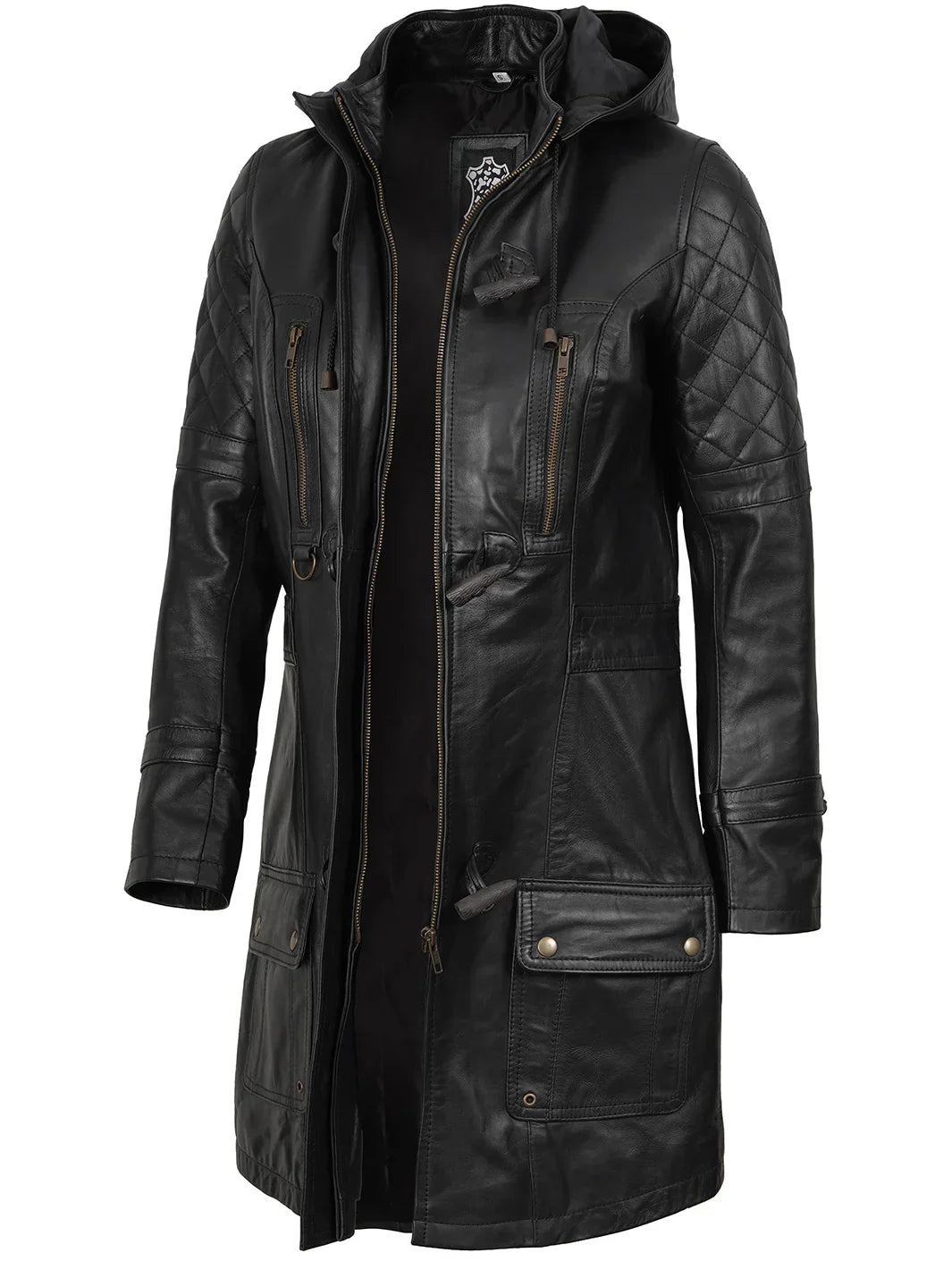 Women’s Black 3/4 Length Leather Coat With Removable Hood