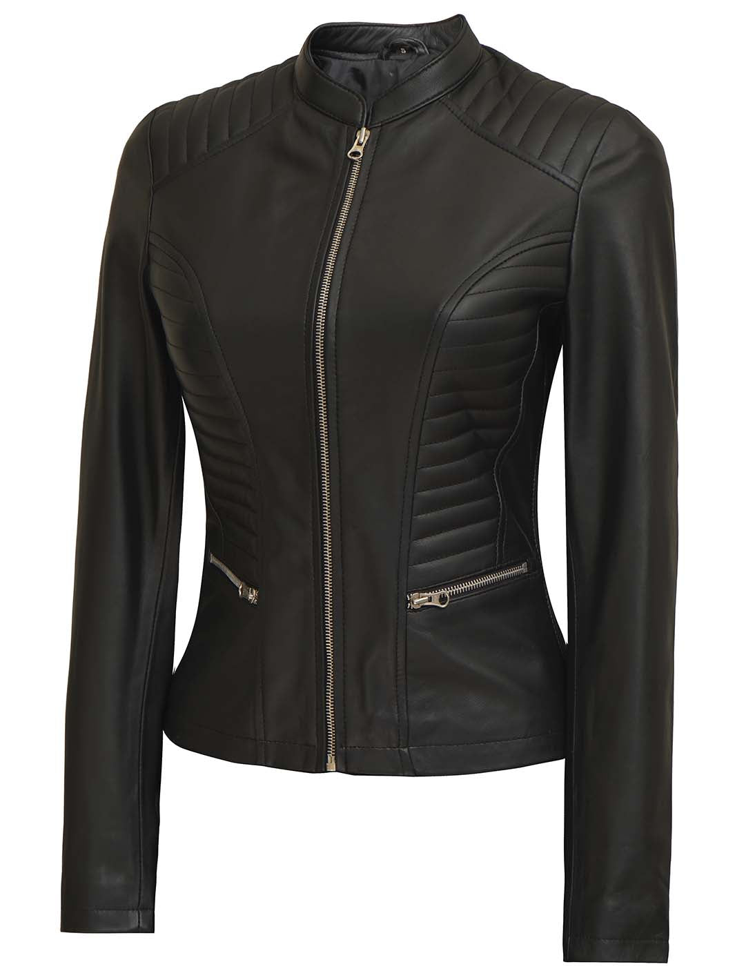 Petite Women's Black Cafe Racer Leather Jacket