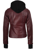 Tralee Women's Maroon Bomber Leather Jacket with Hood