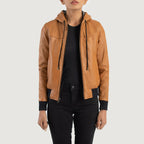 Rebella Brown Hooded Leather Bomber Jacket