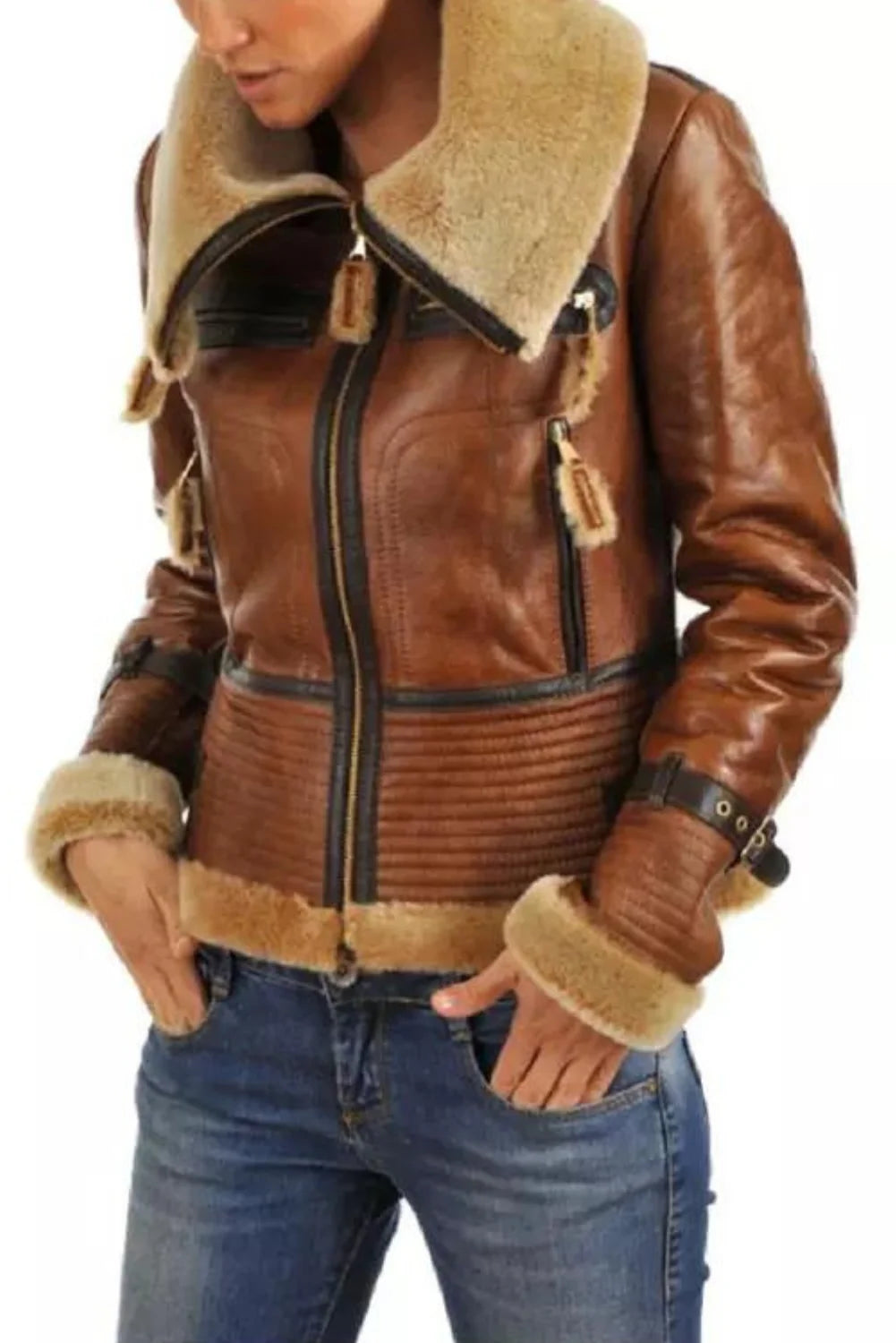 Amelia Brown B3 RAF Shearling Aviator Leather Bomber Jacket