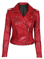 Margaret Women's Red Asymmetrical Biker Style Leather  Jacket