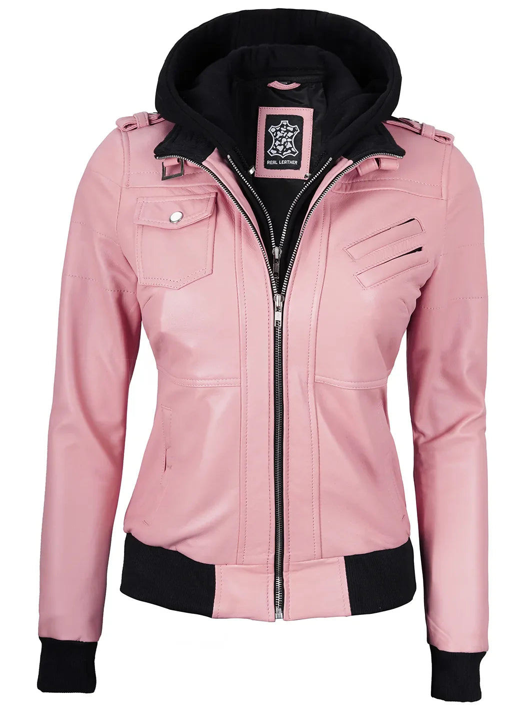 Women's Pink Leather Jacket with Removable Hood