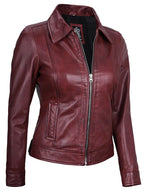 Women's Burgundy Harrington Real Leather Jacket