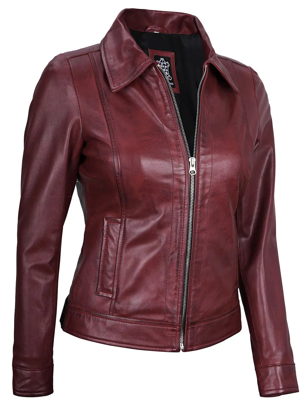 Women's Burgundy Harrington Real Leather Jacket