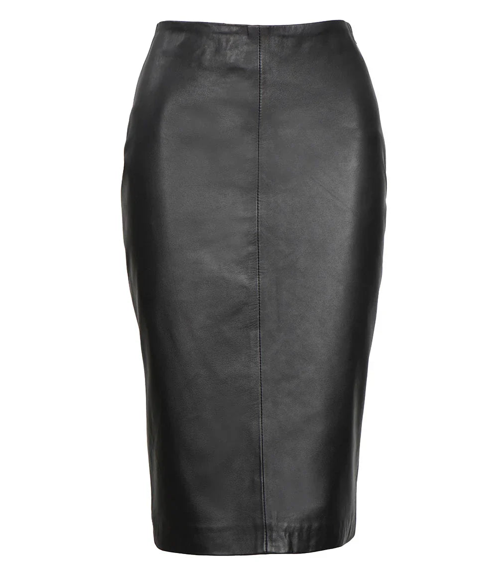 Women's Black Midi Leather Pencil Skirt with Back Slit