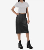 Women's Black Midi Leather Pencil Skirt with Back Slit