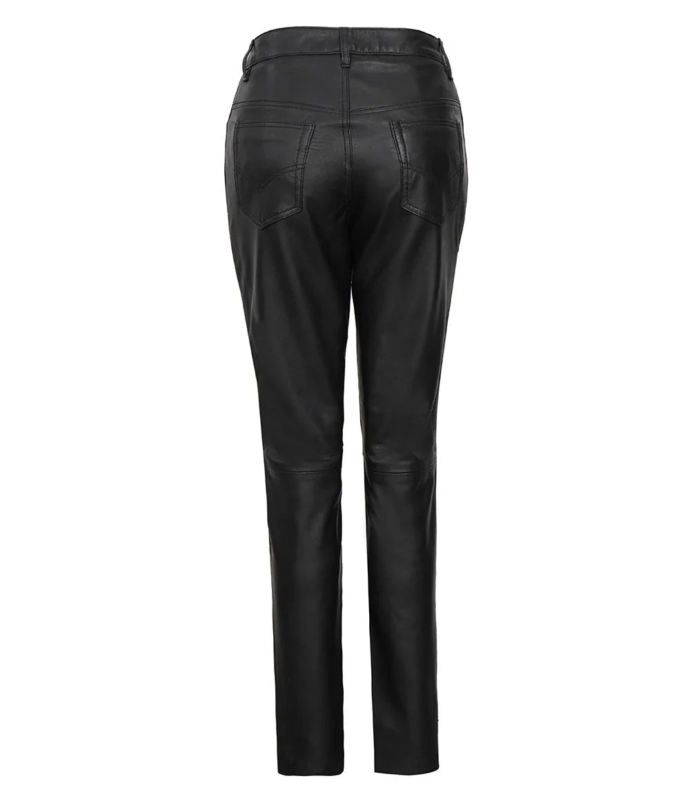 Women's Black Regular Fit Leg Leather Pants