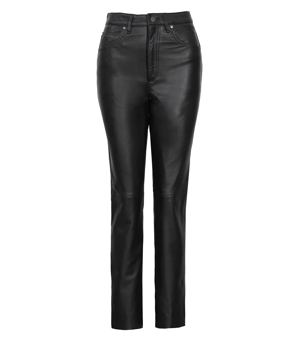 Women's Black Regular Fit Leg Leather Pants