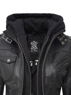 Tall Women's Bomber Black Leather Jacket with Removable Hood