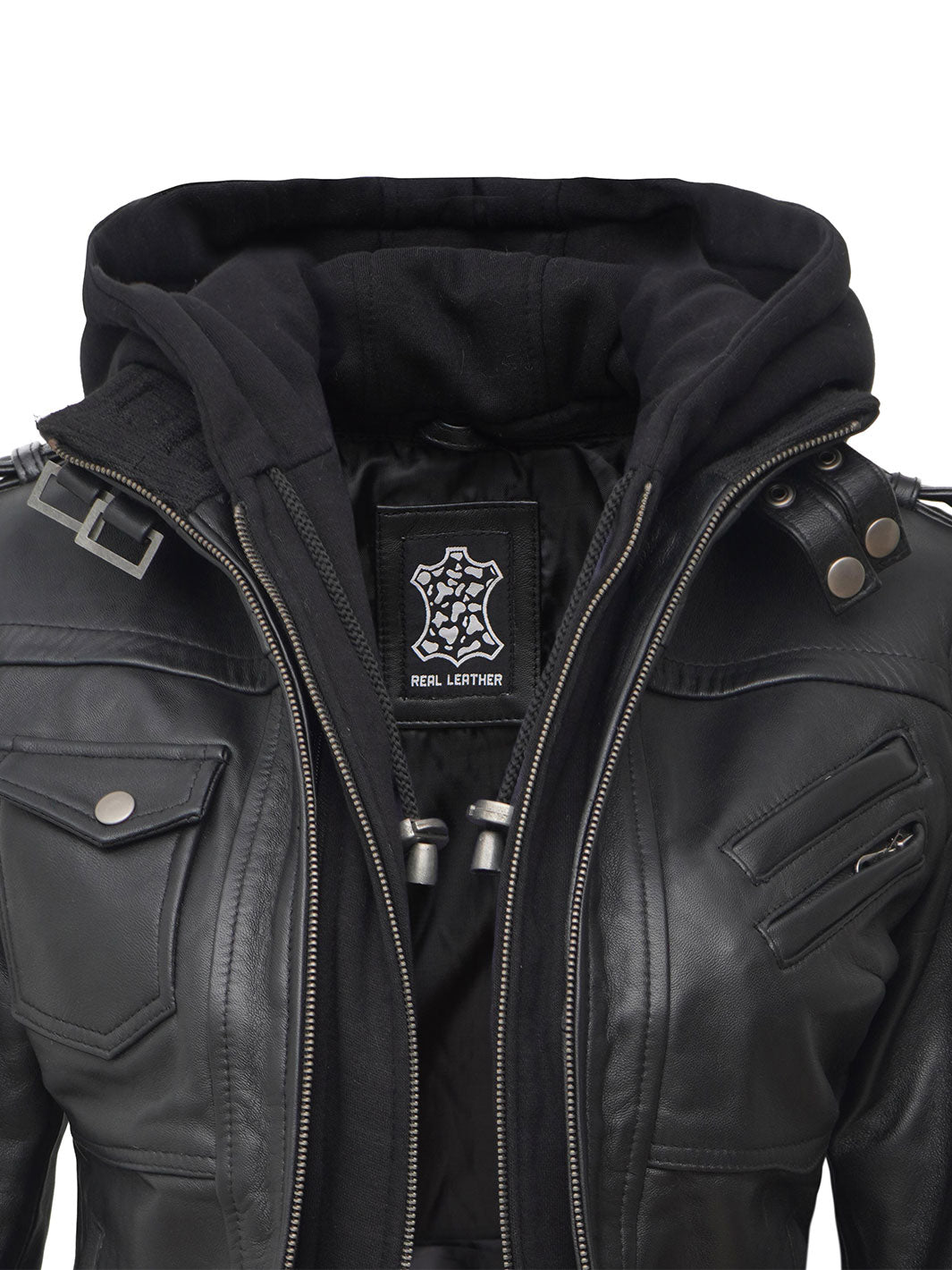 Tall Women's Bomber Black Leather Jacket with Removable Hood