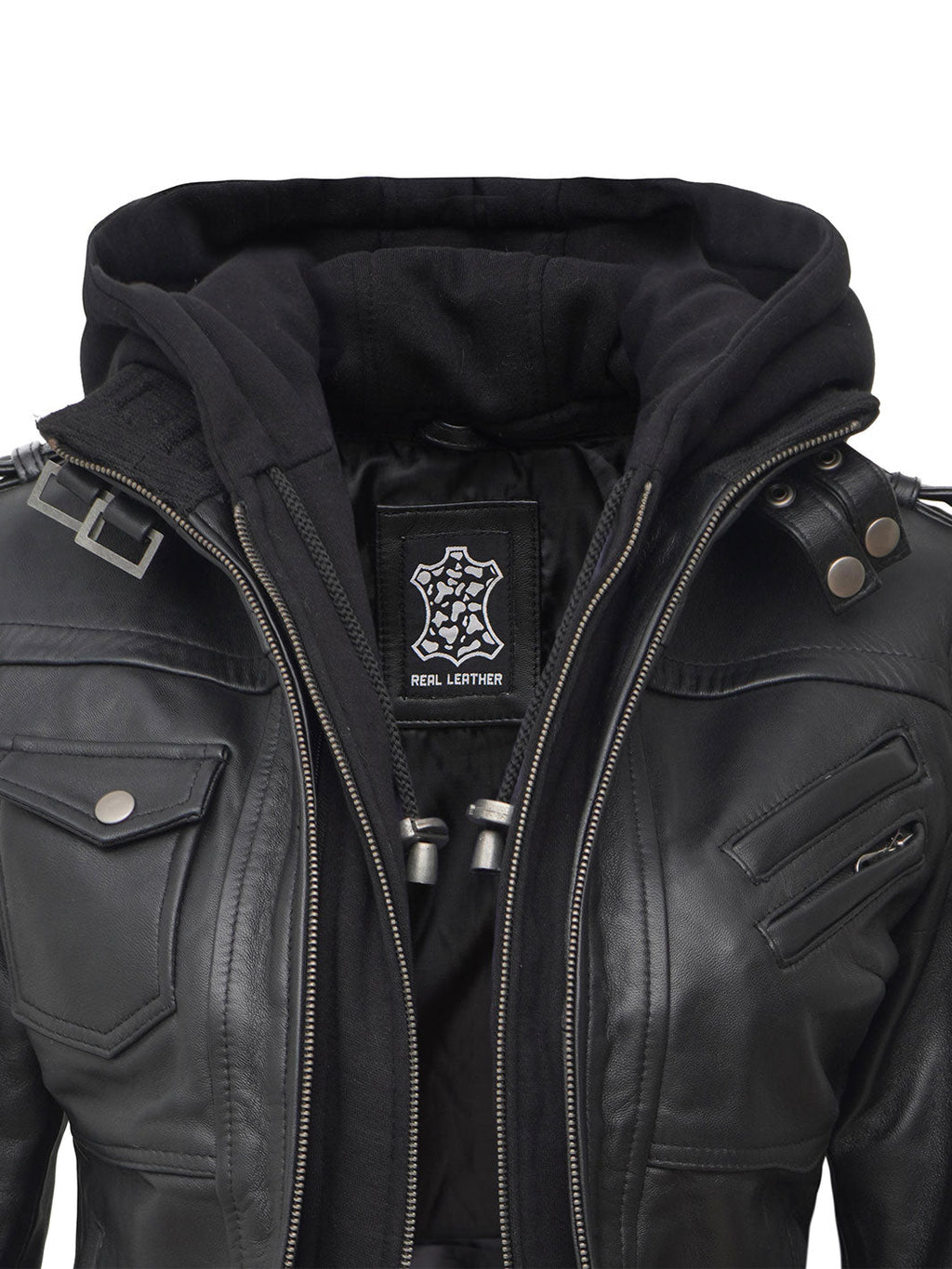 Petite Women's Bomber Black Leather Jacket with Removable Hood