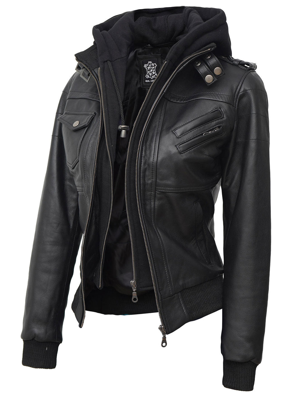 Petite Women's Bomber Black Leather Jacket with Removable Hood