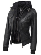Petite Women's Bomber Black Leather Jacket with Removable Hood