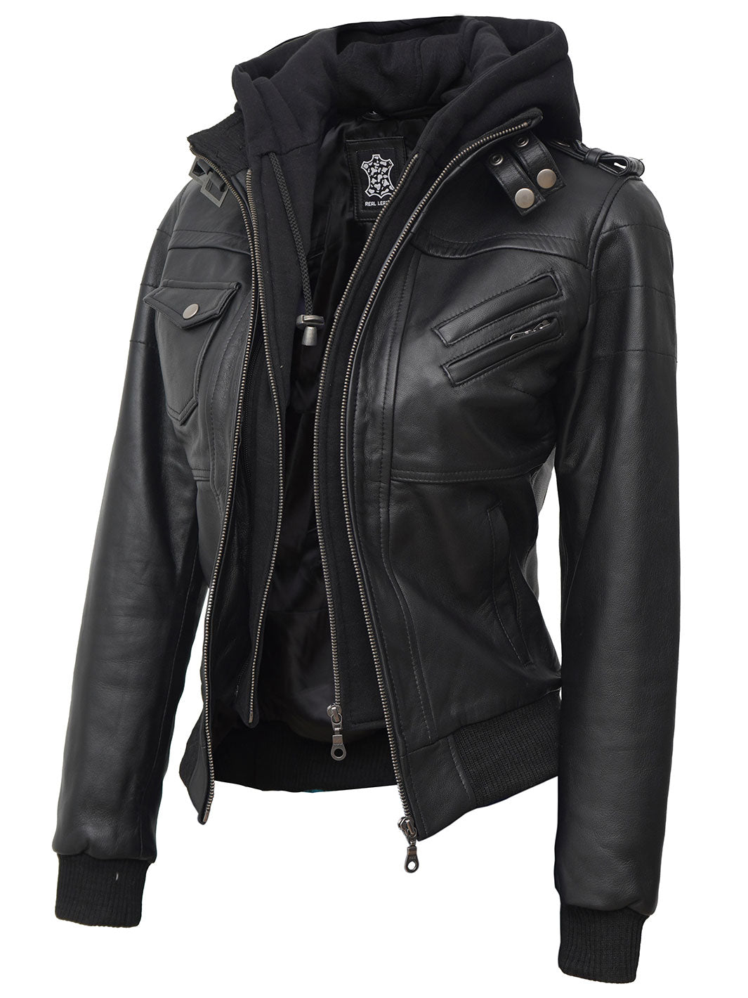 Tall Women's Bomber Black Leather Jacket with Removable Hood