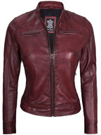 Dodge Womens Burgundy Leather Jacket Cafe Racer
