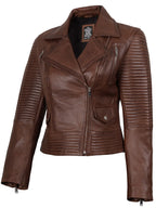 Womens Asymmetrical Cognac Wax Biker Style Leather Jacket