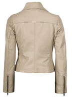 Women's Beige Asymmetrical Biker Style Real Leather Jacket