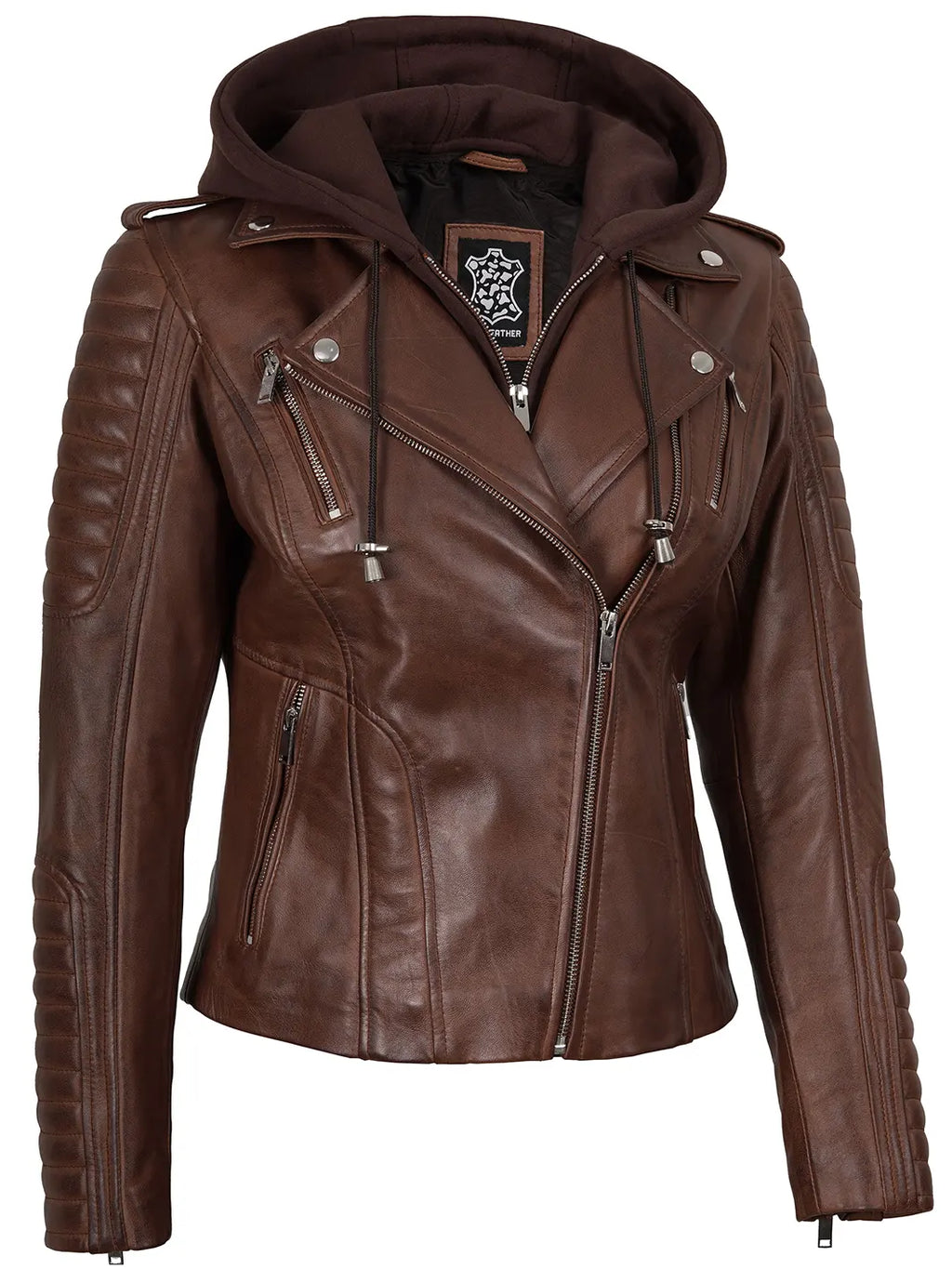 Bagheria Womens Cognac Biker Style Leather Jacket With Removable Hood