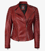 Women's Biker Style Quilted Red Leather Jacket Asymmetrical