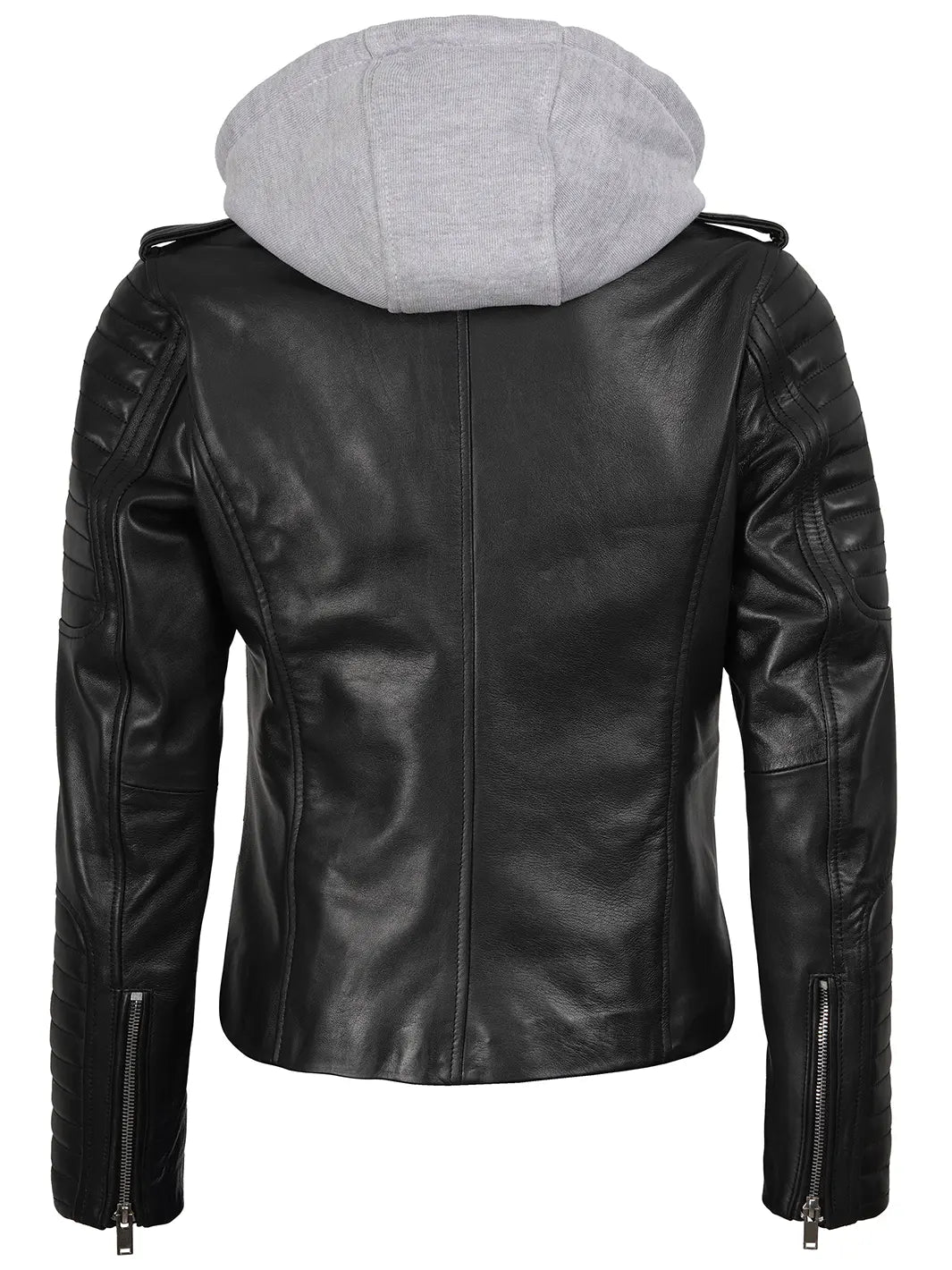 Womens Black Leather Biker Style Jacket With Removable Hood