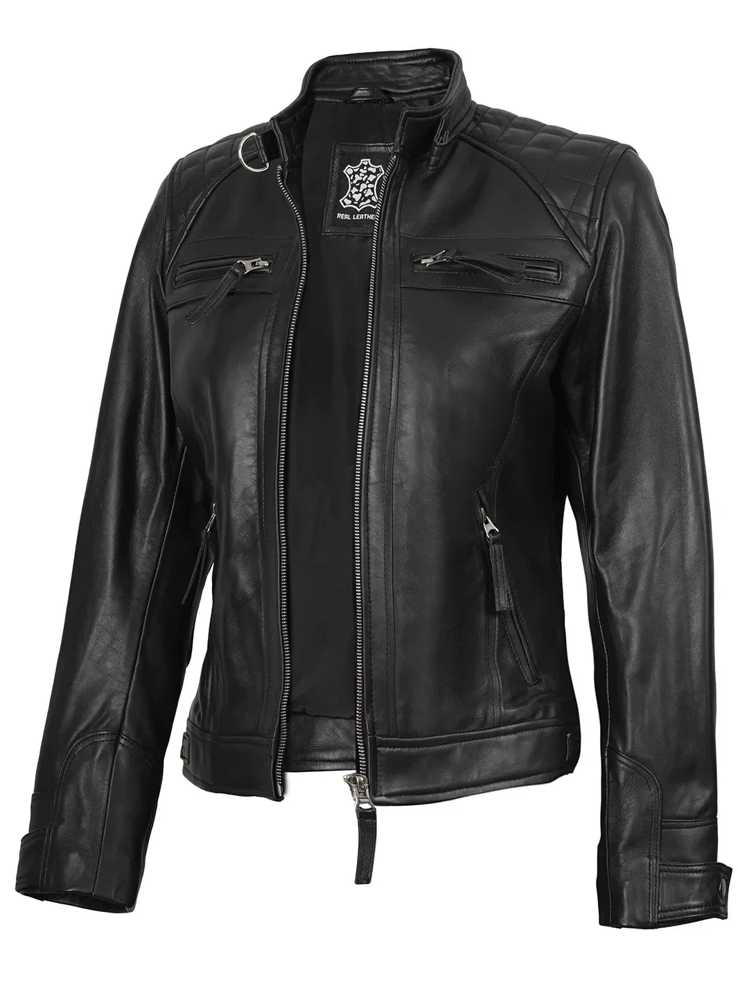 Johnson Women Black Quilted Biker Style Leather Jacket