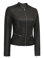 Women's Tall Black Cafe Racer Leather Jacket