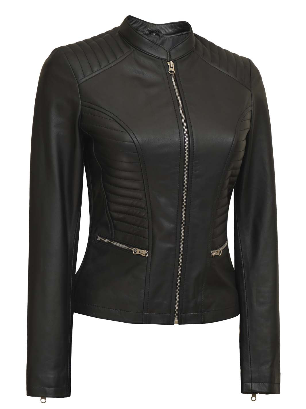 Women's Tall Black Cafe Racer Leather Jacket