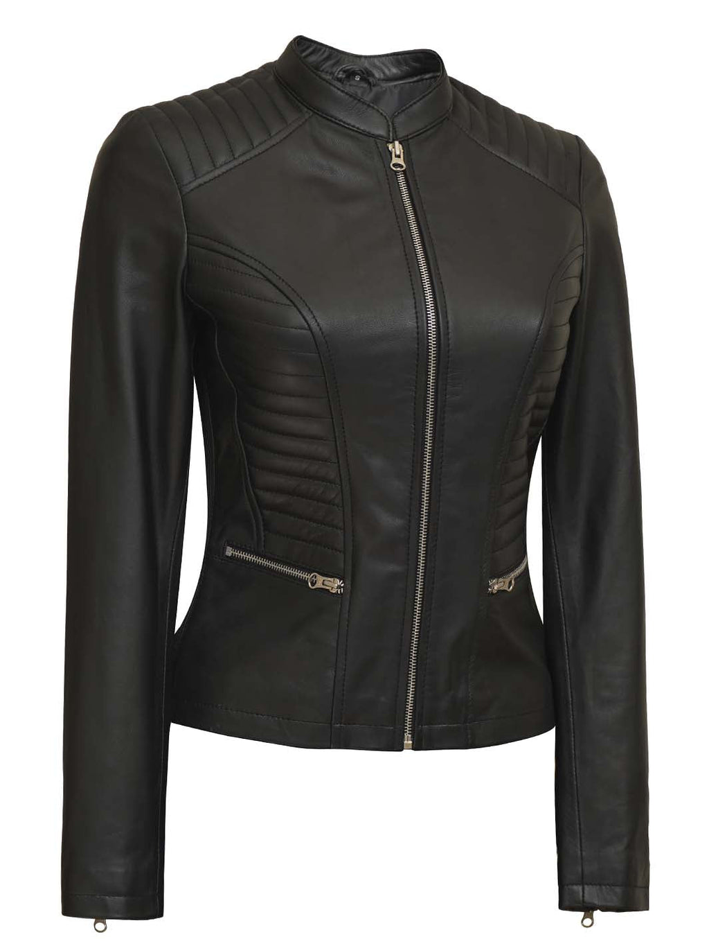 Petite Women's Black Cafe Racer Leather Jacket