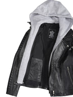Womens Black Leather Biker Style Jacket With Removable Hood