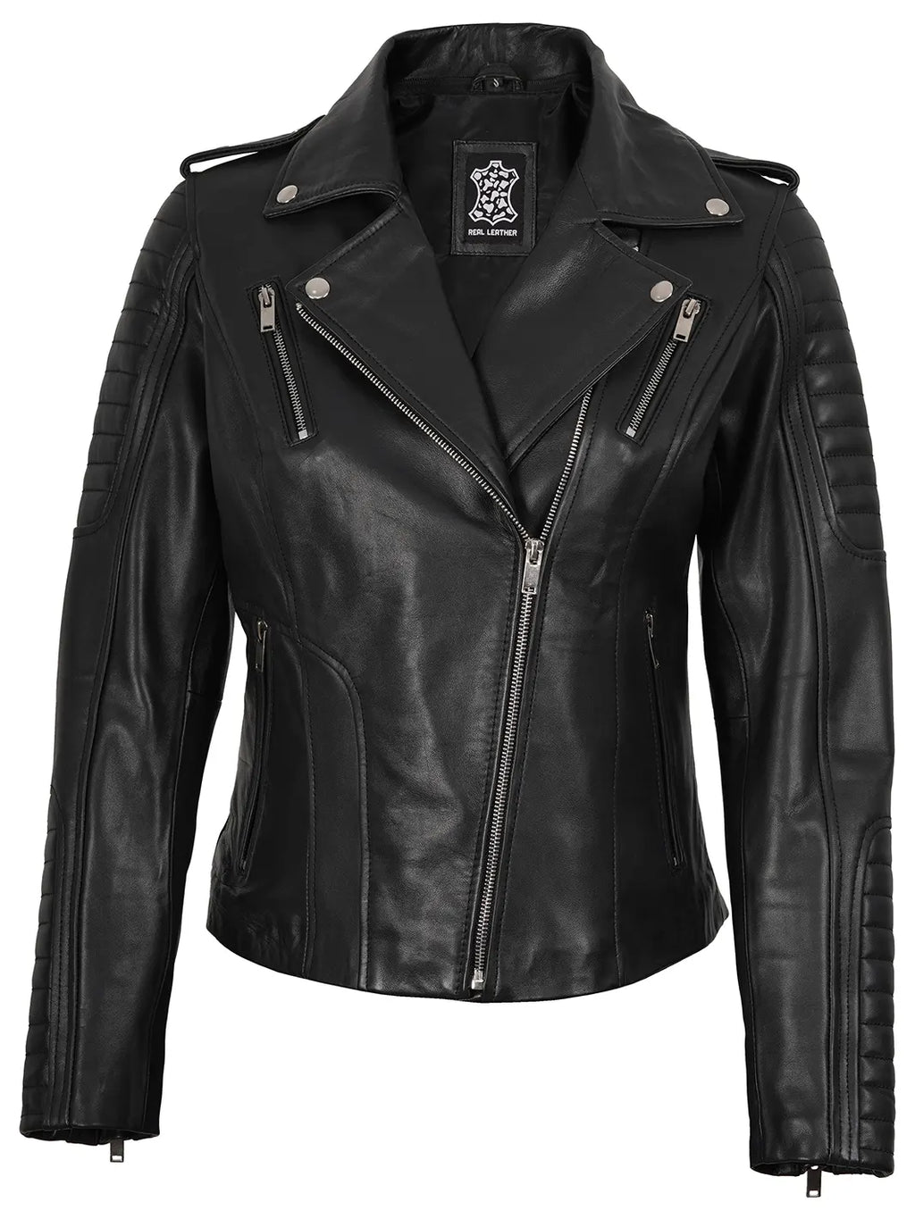 Womens Black Leather Biker Style Jacket With Removable Hood
